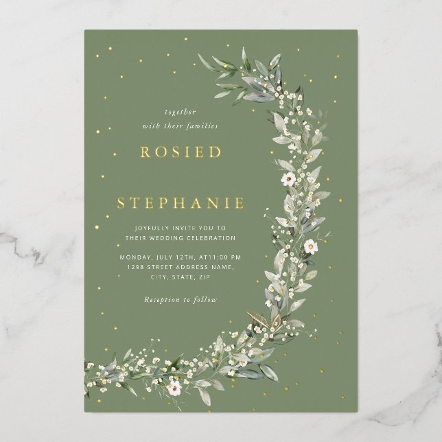 Elegant Boho Gold Foil Watercolor Greenery Wedding (Front)