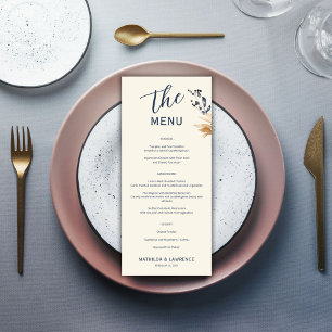 Elegant Boho Gold Foliage Blue Script Wedding Menu