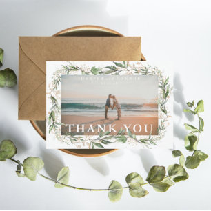 Elegant Boho Golden Sage Eucalyptus Greenery Photo Thank You Card
