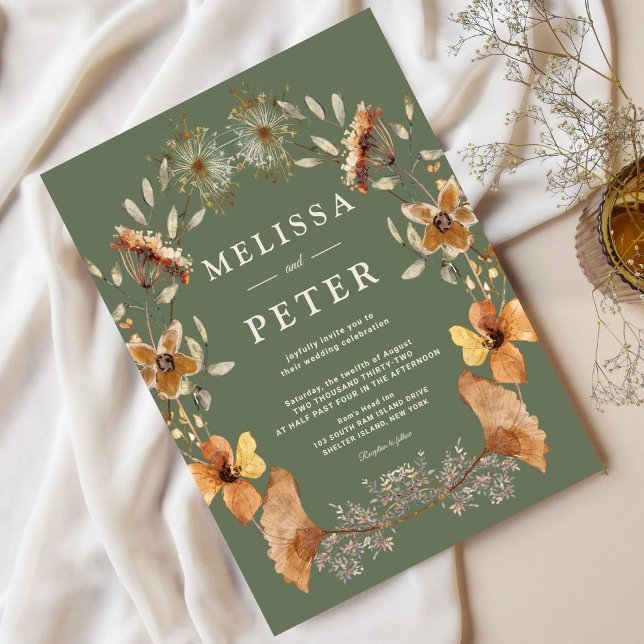 Elegant Boho Green Floral Wildflower Wedding Invitation (Creator Uploaded)