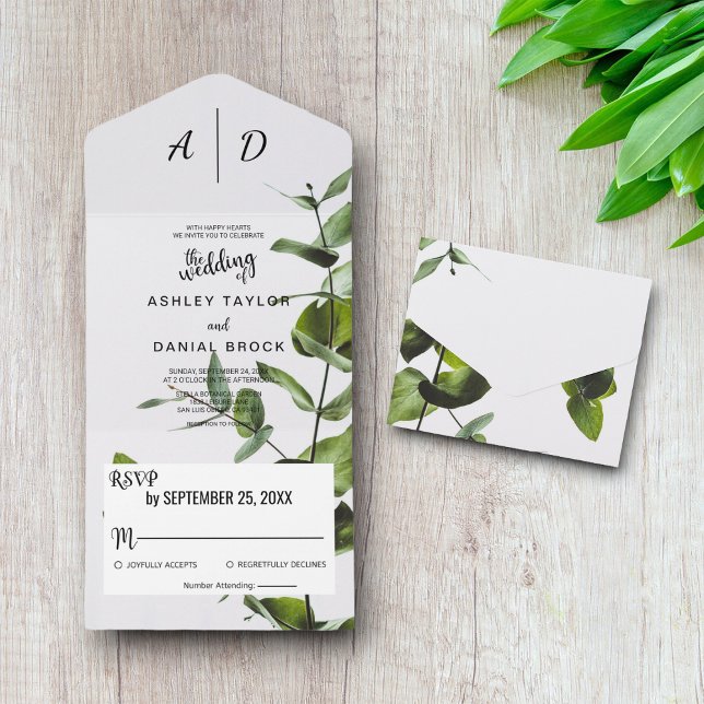 Elegant Boho Green Leaves Monogram Floral Wedding All In One Invitation (Creator Uploaded)