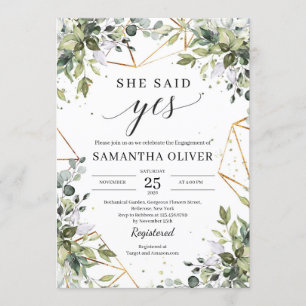 Elegant Boho greenery and gold frames she said yes Invitation