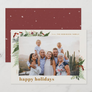 Elegant Boho Greenery Burgundy Gold Photo Holiday Card