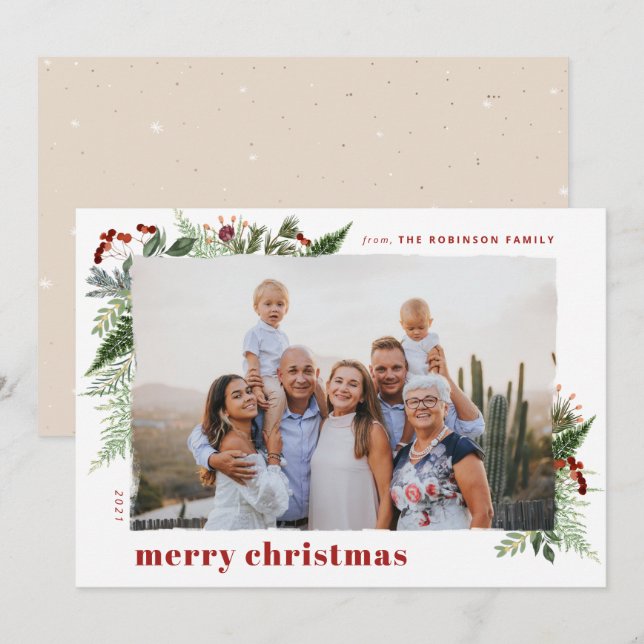Elegant Boho Greenery Dry Brush Effect Photo Holiday Card (Front/Back)