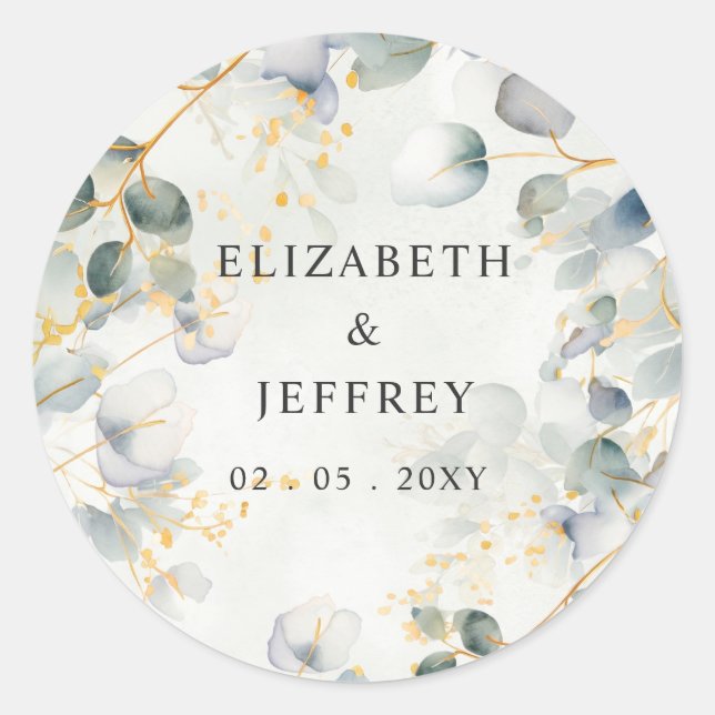 Elegant Boho Greenery Eucalyptus Wedding Classic Round Sticker (Front)