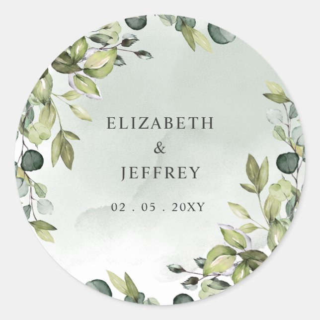 Elegant Boho Greenery Eucalyptus Wedding Classic Round Sticker (Front)