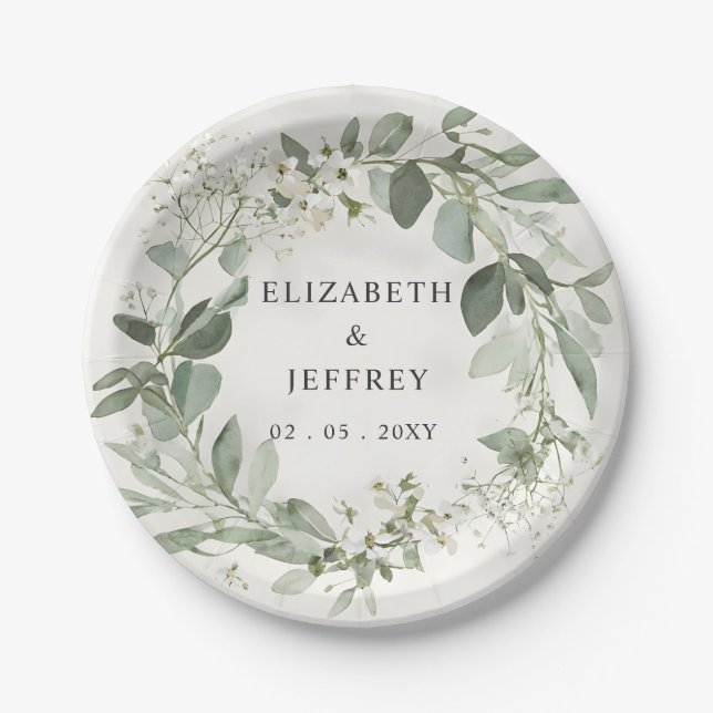 Elegant Boho Greenery Eucalyptus Wedding Paper Plate (Front)