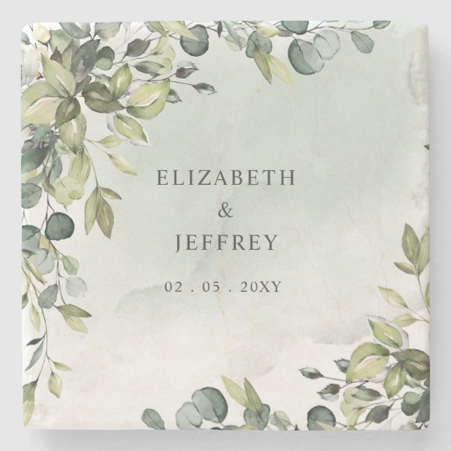 Elegant Boho Greenery Eucalyptus Wedding Stone Coaster (Front)