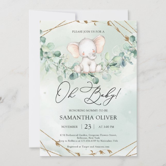 Elegant Boho Greenery Eucalytpus Elephant Oh Baby Invitation (Front)
