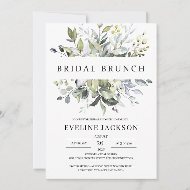 Elegant boho greenery foliage bridal brunch invitation (Front)