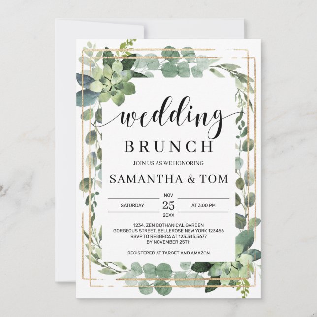 Elegant boho greenery succulent foliage wedding invitation (Front)