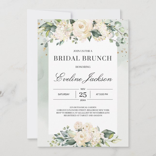 Elegant boho greenery white roses bridal brunch invitation (Front)