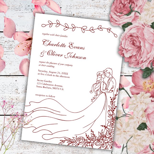 Elegant Boho Hand Drawn Couple  Burgundy  Wedding  Invitation (Creator Uploaded)