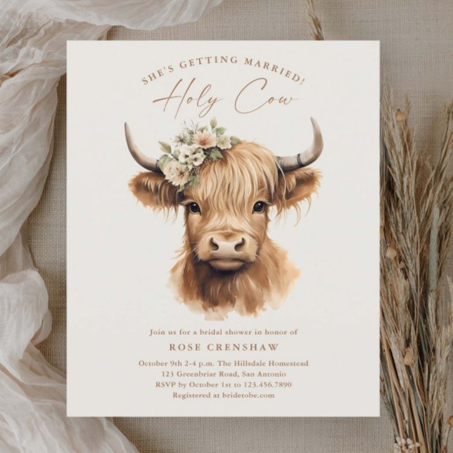 Elegant Boho Highland Cow Bridal Shower (Elegant boho highland cow budget bridal shower invitations.)