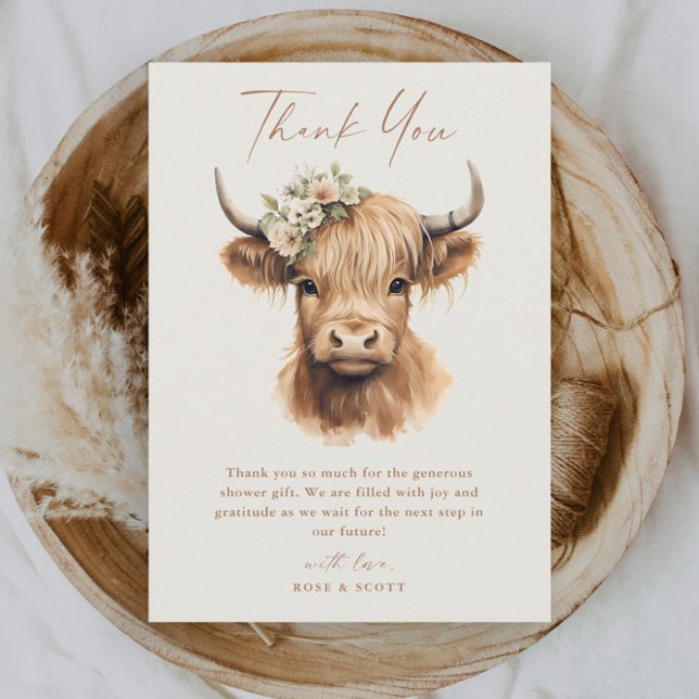 Elegant Boho Highland Cow Bridal Shower Thank You Card (Elegant boho highland cow bridal shower thank you card.)