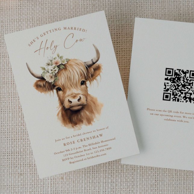 Elegant Boho Highland Cow QR Code Bridal Shower Invitation (Elegant Highland Cow QR code Bridal Shower Invitations.)