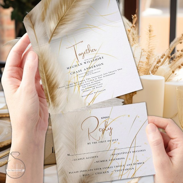 Elegant Boho Ivory and Gold Pampas All In One Invitation (Creator Uploaded)