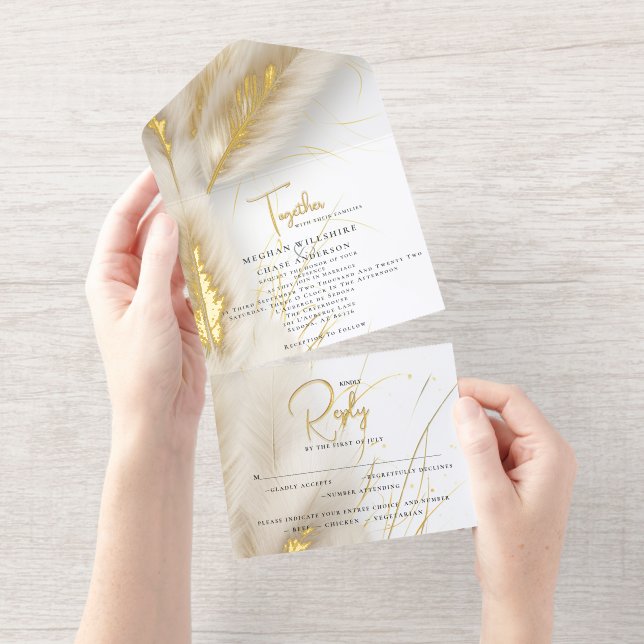 Elegant Boho Ivory and Gold Pampas Foil All In One Invitation (Tearaway)