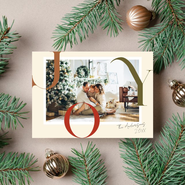 Elegant Boho JOY Merry Christmas Family Photo Holiday Card (Creator Uploaded)