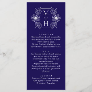 Elegant Boho Leaf Monogram Blue and White Wedding  Menu