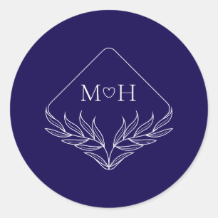 Elegant Boho Leaf Monogram Dark Blue Wedding Classic Round Sticker