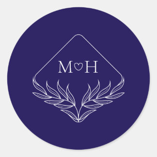 Elegant Boho Leaf Monogram Dark Blue Wedding Classic Round Sticker
