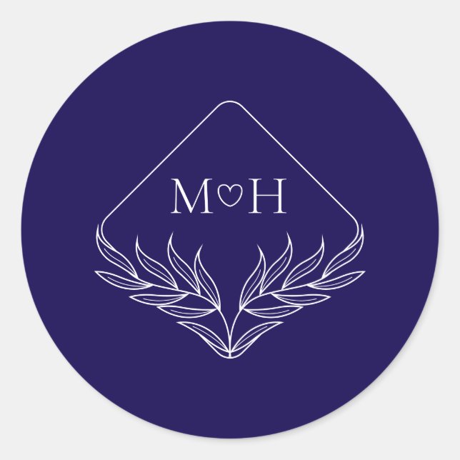 Elegant Boho Leaf Monogram Dark Blue Wedding Classic Round Sticker (Front)