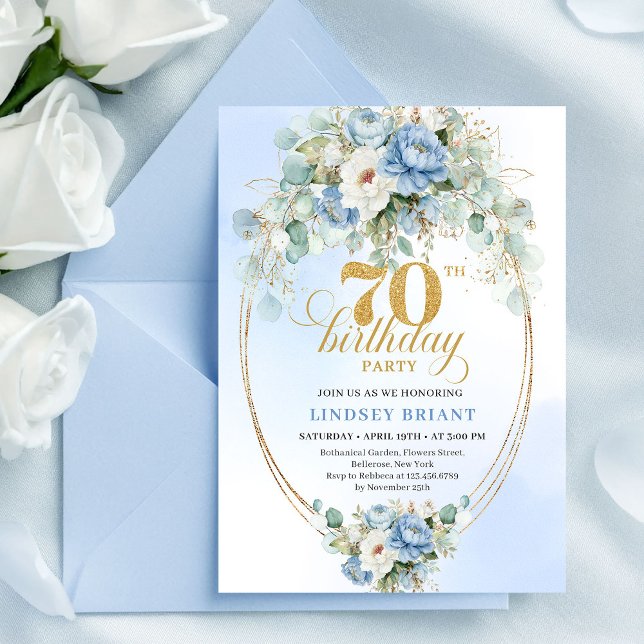 Elegant Boho Light Blue Flowers Gold 70th Birthday Invitation (Elegant Boho Light Blue Flowers 70th Birthday Invite)