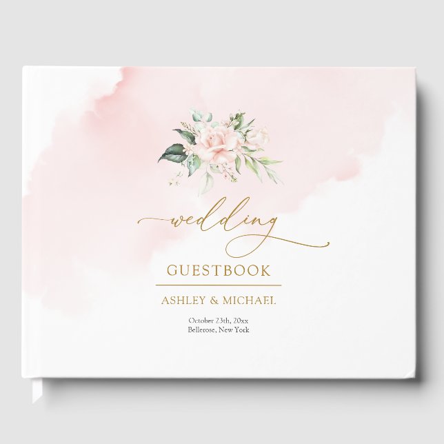 Elegant boho light pink roses gold wedding guest book (Front)