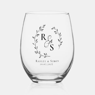 Elegant Boho Line Art Floral Wreath Monogrammed  Stemless Wine Glass