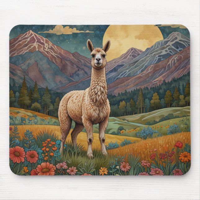 Elegant boho llama alpaca vintage landscape  mouse mat (Front)