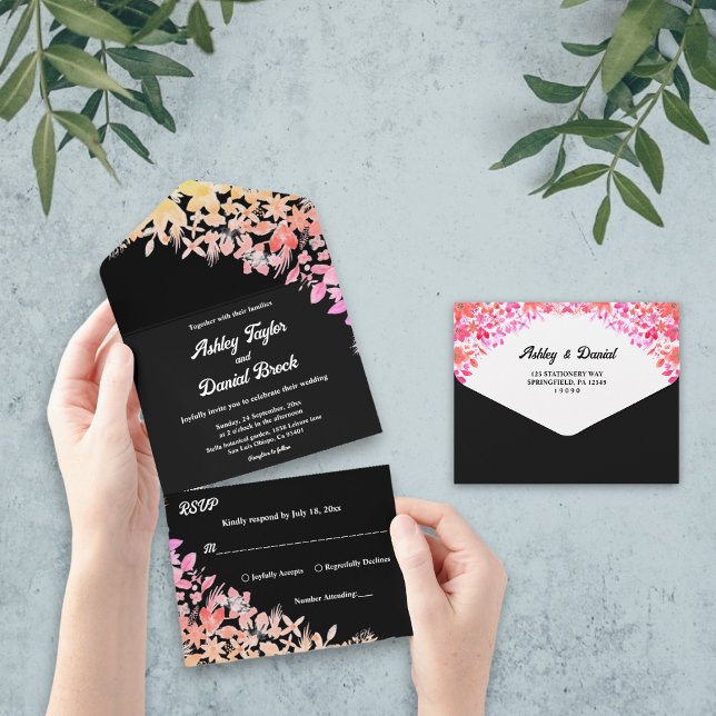 Elegant Boho Luminous Roses Black Floral Wedding All In One Invitation (Creator Uploaded)