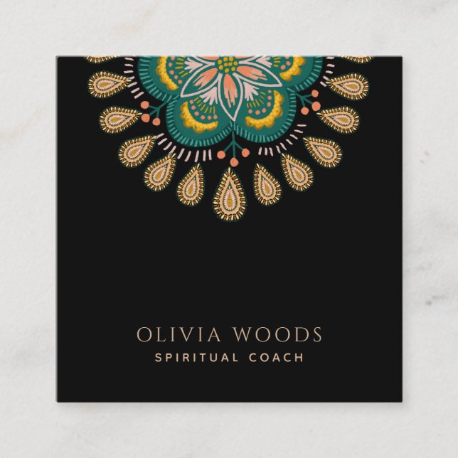 Elegant Boho Mandala Floral Spiritual Coach Square Business Card (Front)