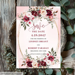 Elegant Boho Marsala Blush Gold Floral Save Date Invitation