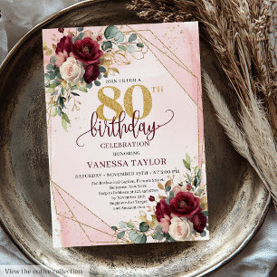 Elegant Boho Marsala Gold Flowers 80th Birthday  Invitation