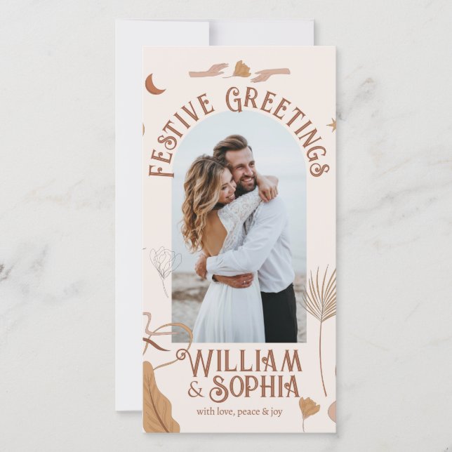 Elegant Boho Merry Christmas Newly Weds 1 Photo Holiday Card (Front)