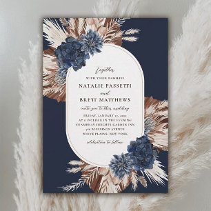 Elegant Boho Navy and Brown Florals Oval Wedding  Invitation