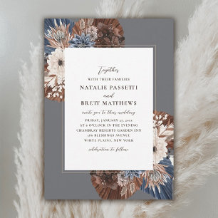 Elegant Boho Navy and Brown Florals Wedding  Invitation