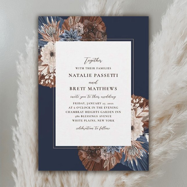 Elegant Boho Navy and Brown Florals Wedding Invitation (Creator Uploaded)