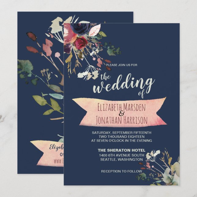 Elegant Boho Navy Blue Burgundy Floral Wedding Invitation (Front/Back)