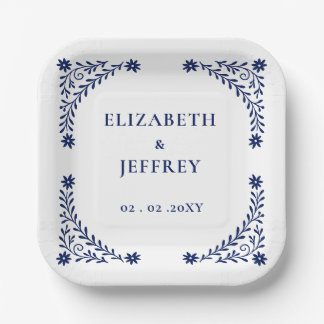 Elegant Boho Navy Floral Wedding Paper Plate