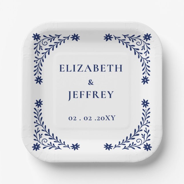 Elegant Boho Navy Floral Wedding  Paper Plate (Front)