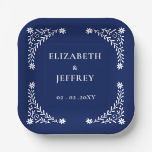 Elegant Boho Navy Floral Wedding Paper Plate