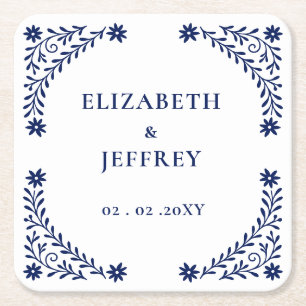 Elegant Boho Navy Floral Wedding Square Paper Coaster
