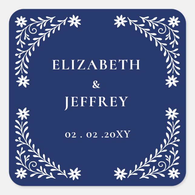 Elegant Boho Navy Floral Wedding  Square Sticker (Front)