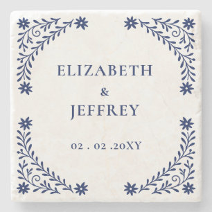Elegant Boho Navy Floral Wedding Stone Coaster