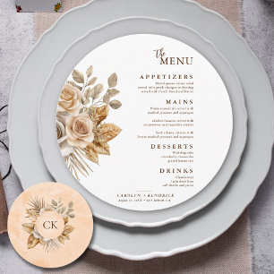 Elegant Boho Neutral Floral Accents Round Wedding Menu