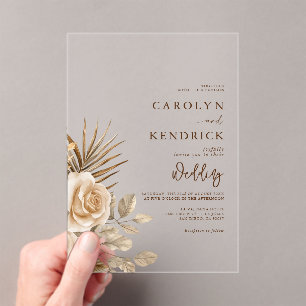 Elegant Boho Neutral Floral Accents Wedding Acrylic Invitations
