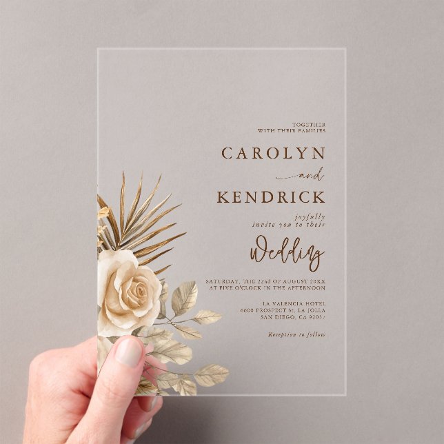 Elegant Boho Neutral Floral Accents Wedding Acrylic Invitations (Insitu (Handheld))