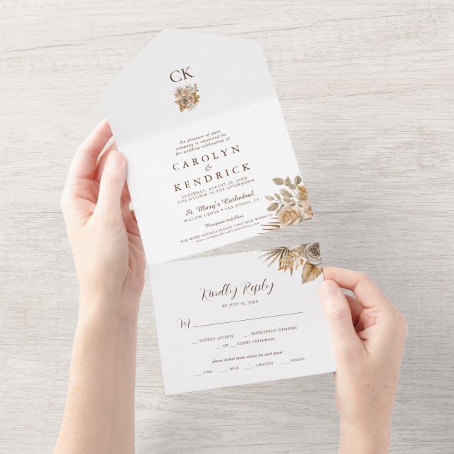 Elegant Boho Neutral Floral Accents Wedding All In One Invitation (Tearaway)